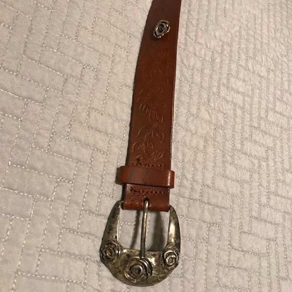 Leather Tack Belt with Silver Flowers and Embossed Leather - Picture 2 of 12